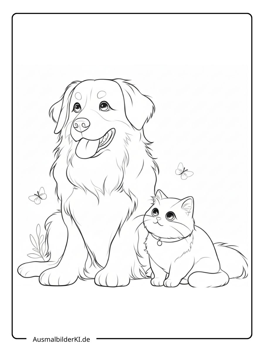 Ausmalbild ein großer flauschiger Hund sitzt entspannt neben einer kleinen Katze, umgeben von Schmetterlingen