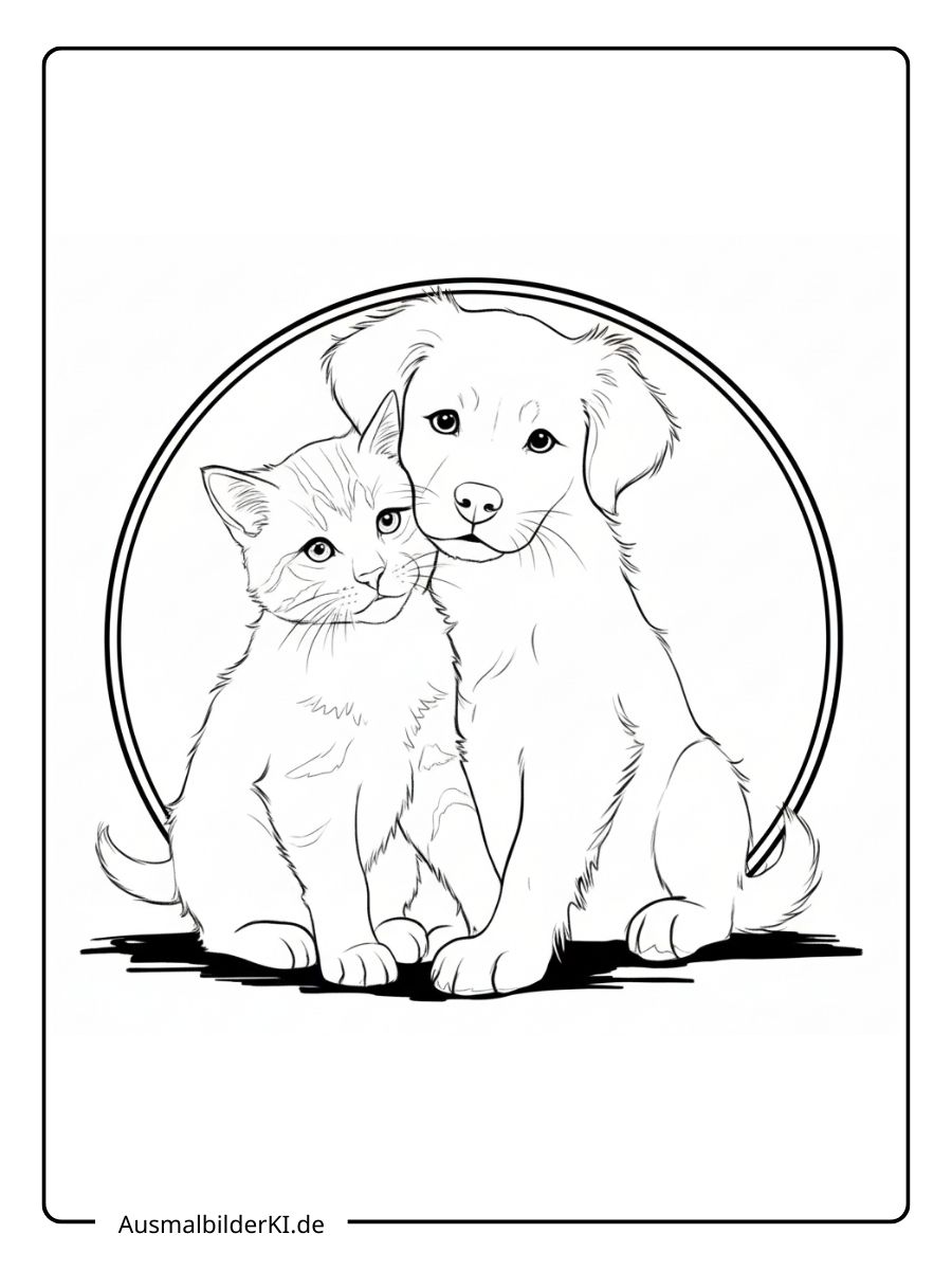 Ausmalbild ein realistisch gezeichneter Hund und eine gestreifte Katze sitzen vertraut nebeneinander vor einem Kreis-Hintergrund