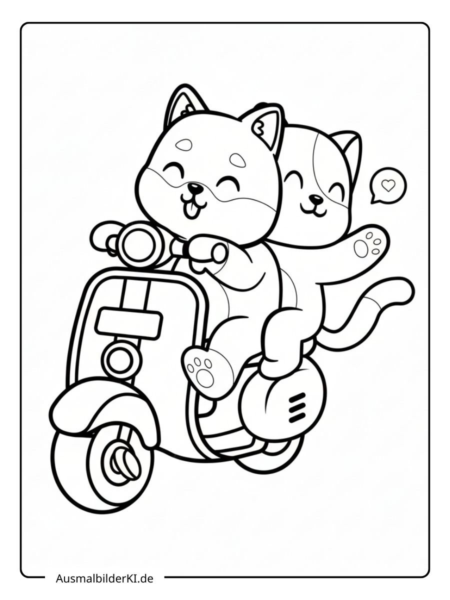 Einfaches Ausmalbild von Hund und Katze als Dschungelfreunde mit Blättern und Naturmotiven