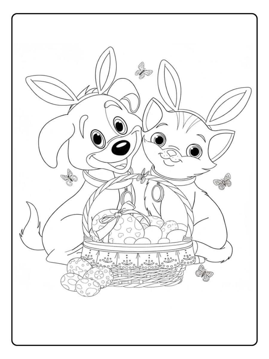 Ausmalbild fröhlicher Hund und Katze mit Hasenohren hinter einem Osterkörbchen mit Ostereiern