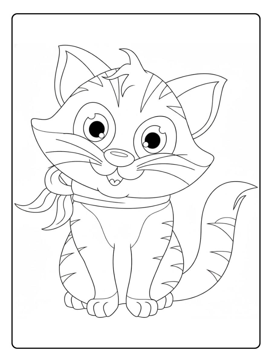 Ein kostenloses Ausmalbild einer sitzenden, gestreiften Katze mit einem Halstuch.