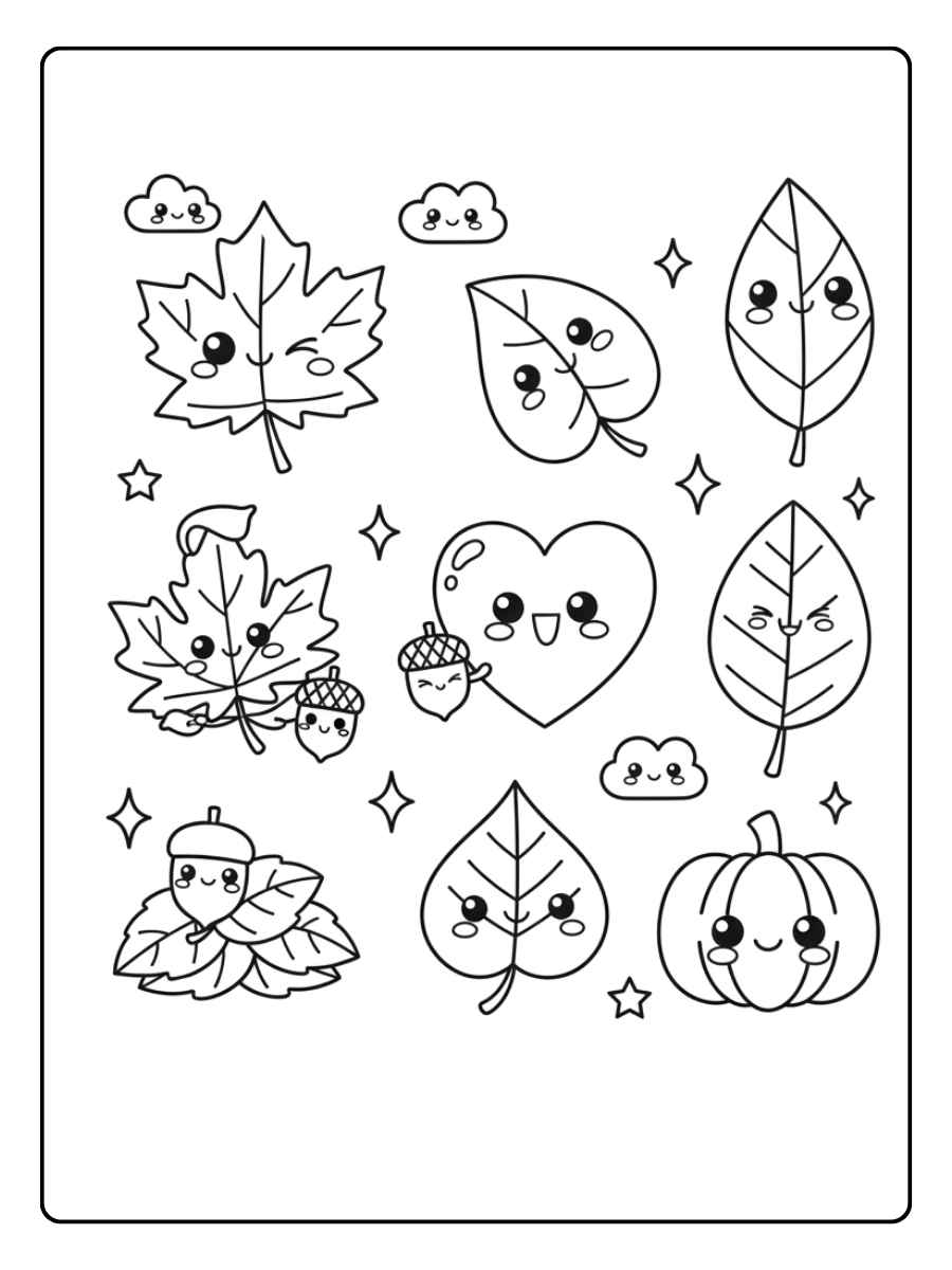 Kawaii Stil niedliches herbstblätter ausmalbild
