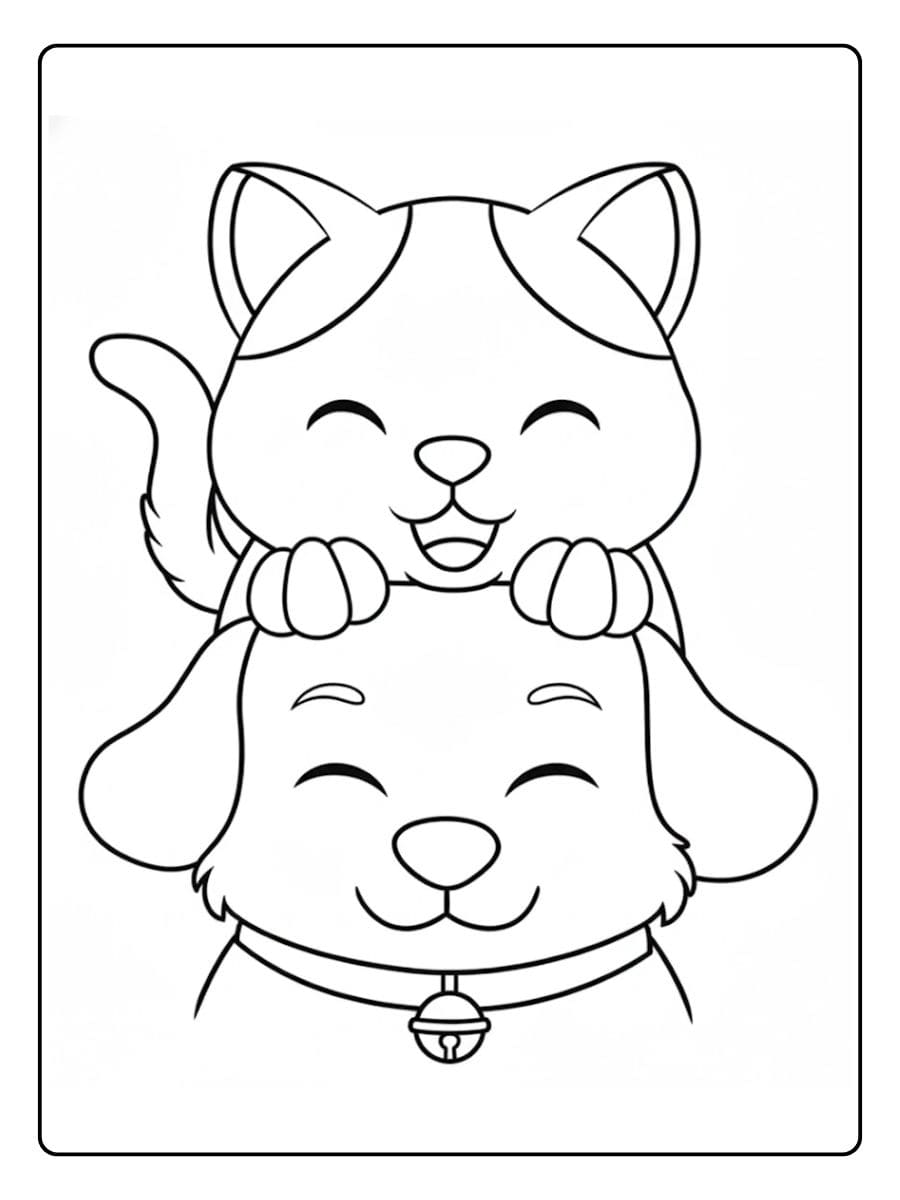 Spielendes Ausmalbild Hund und Katze, kleine Katze hebt die Pfote zum Hund