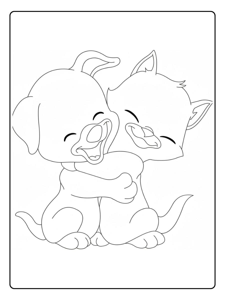 Malvorlage eine kleine Katze liegt auf dem Rücken eines schlafenden Hundes