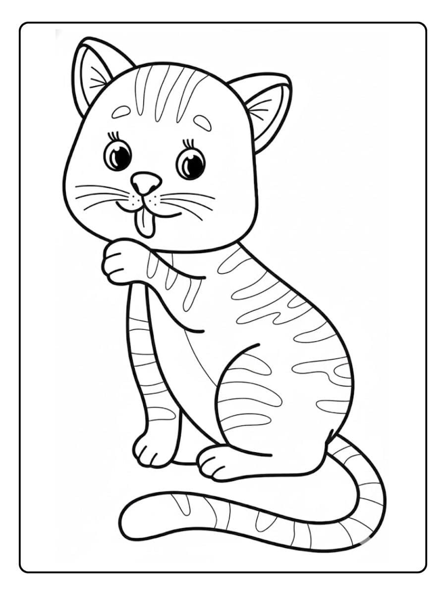 Süßes Ausmalbild im Kawaii-Stil mit einer kleinen Katze, die ein Herz zwischen den Pfoten hält