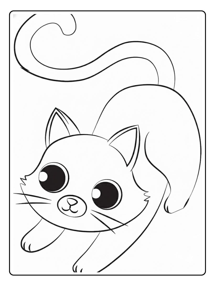 Ausmalbild einer süßen kleinen Katze mit großen Augen, die sich spielerisch streckt