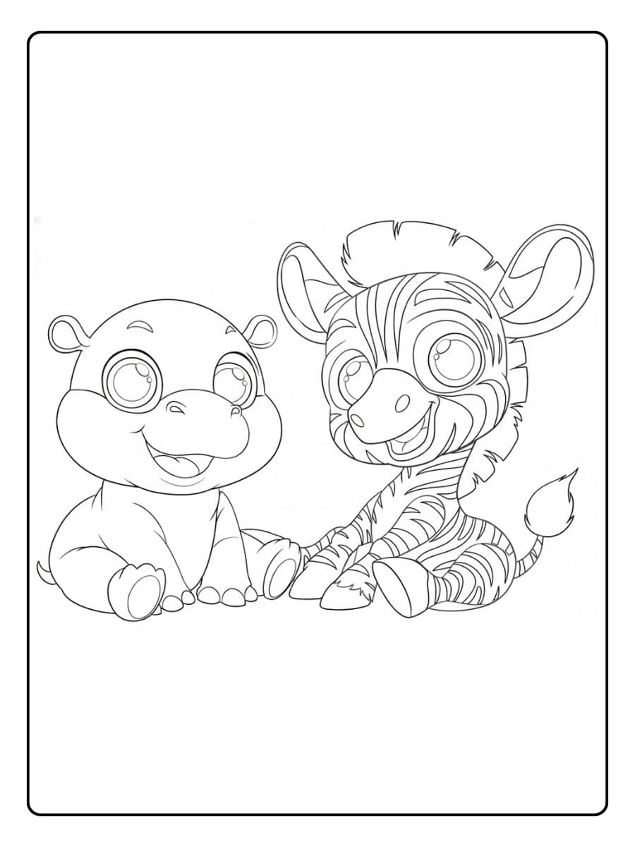 Niedliche Nilpferd und Zebra Babys Ausmalbilder Tiere für 10 Jährige