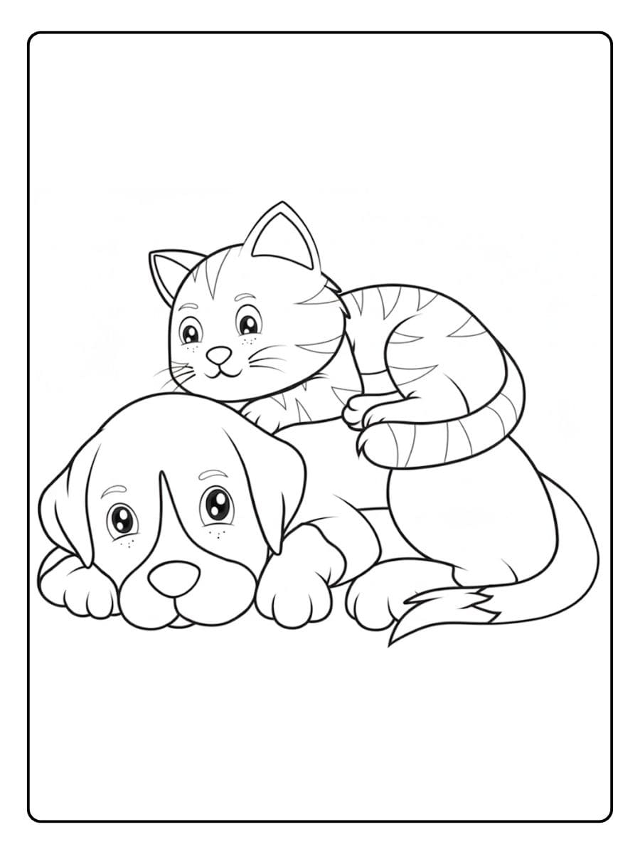 Malvorlage Katze liegt auf dem Rücken eines Hundes, getigerte Katze und liegender Welpe zum Ausmalen