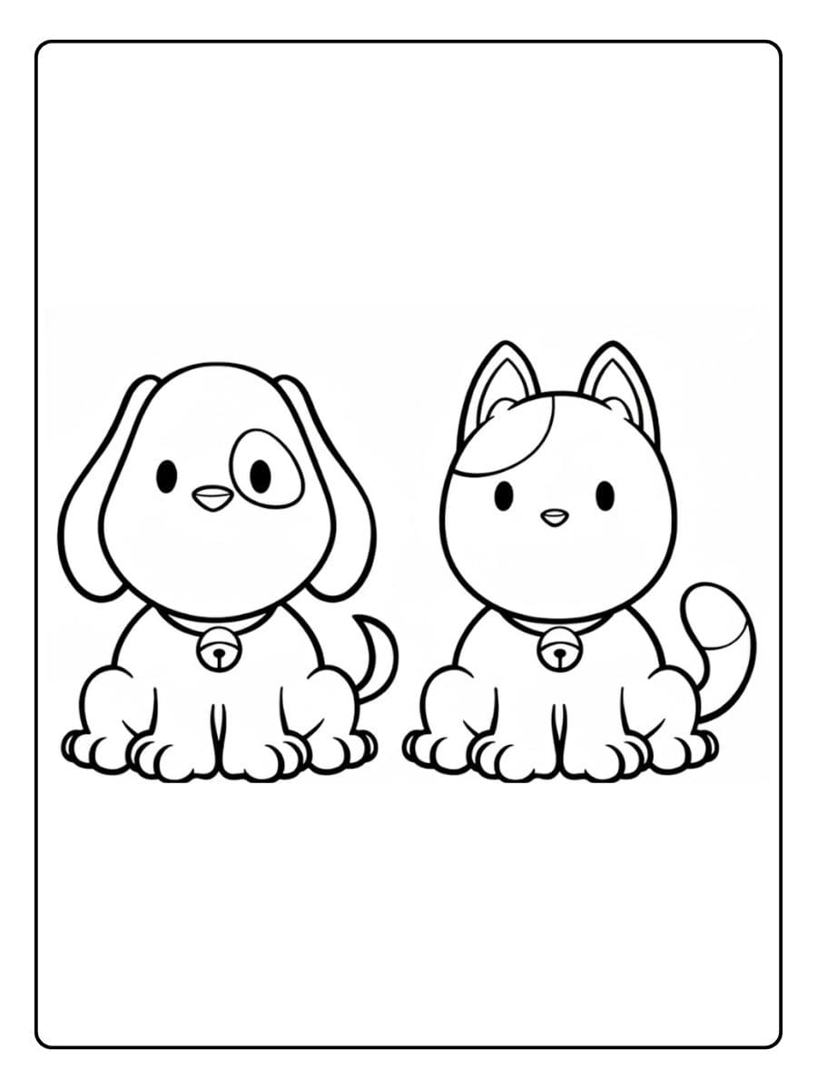 Einfaches Ausmalbild von einem Hund und einer Katze mit Halsbändern für Kinder