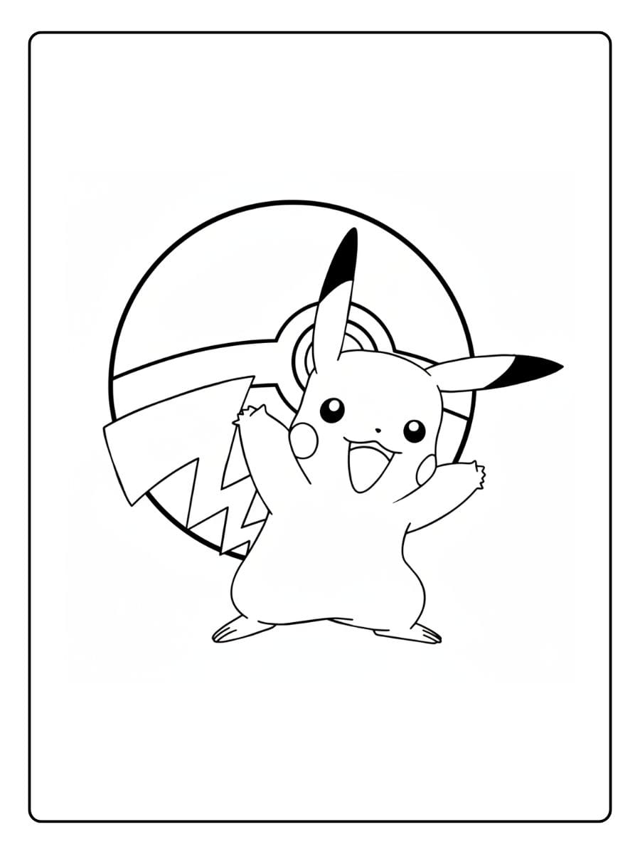 Einfaches Ausmalbild von einem fröhlich lachenden Pikachu in seiner klassischen Pose mit erhobenen Armen.