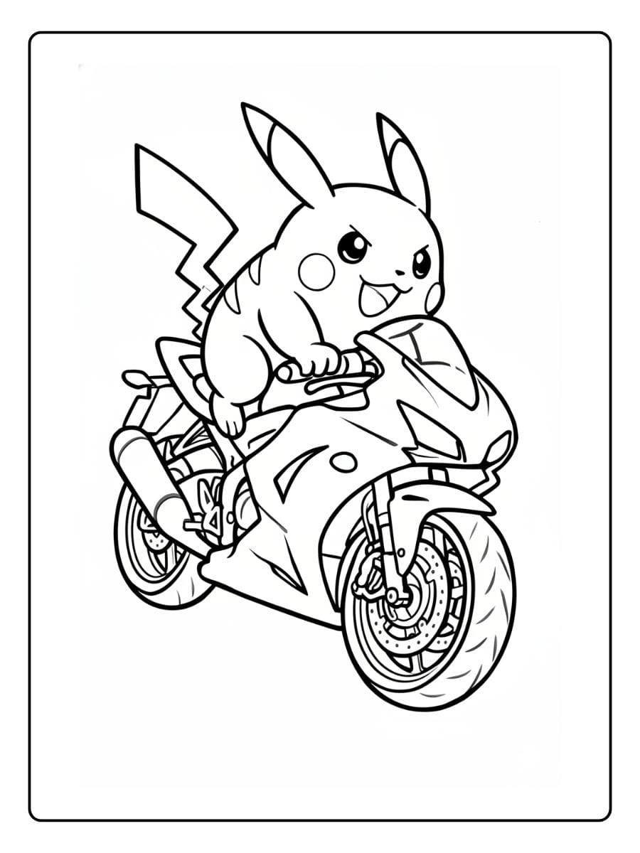 Actionreiches Ausmalbild von Pikachu, das selbstbewusst auf einem schnellen, sportlichen Motorrad sitzt.