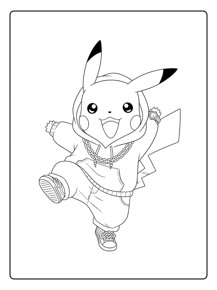 Lustiges Ausmalbild von einem lachenden Pikachu im coolen Streetwear-Look.