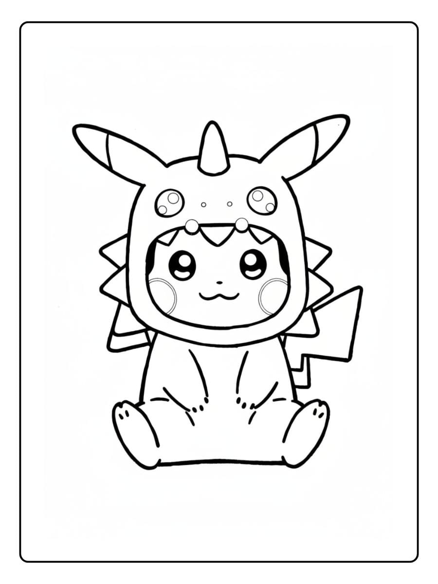 Ausmalbild von einem extrem niedlichen Pikachu, das ein süßes Dinosaurier-Kostüm trägt.