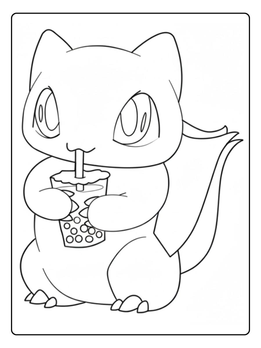 Pokemon Ausmalbild Bisasam trinkt Bubble Tea