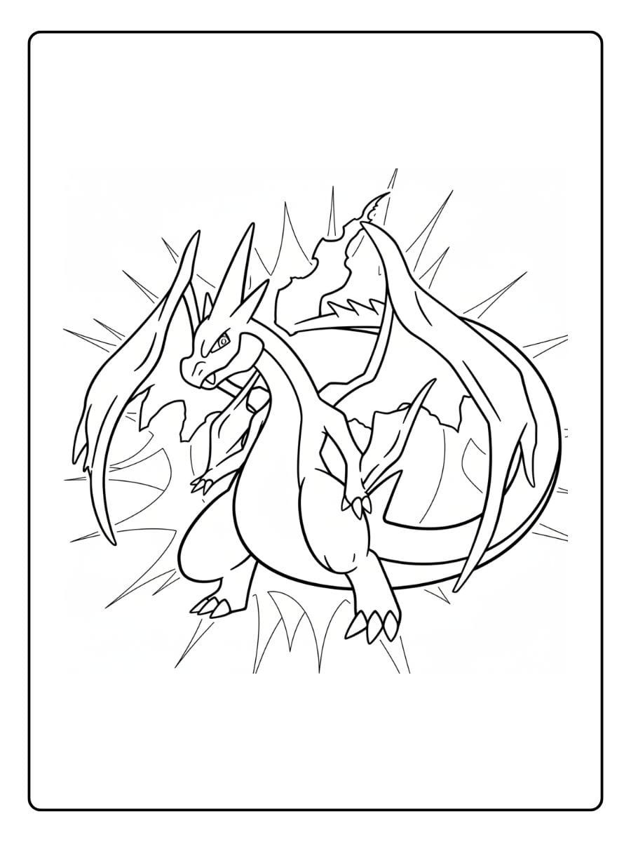 Actionreiches Ausmalbild des mächtigen Feuer-Pokémons Glurak.