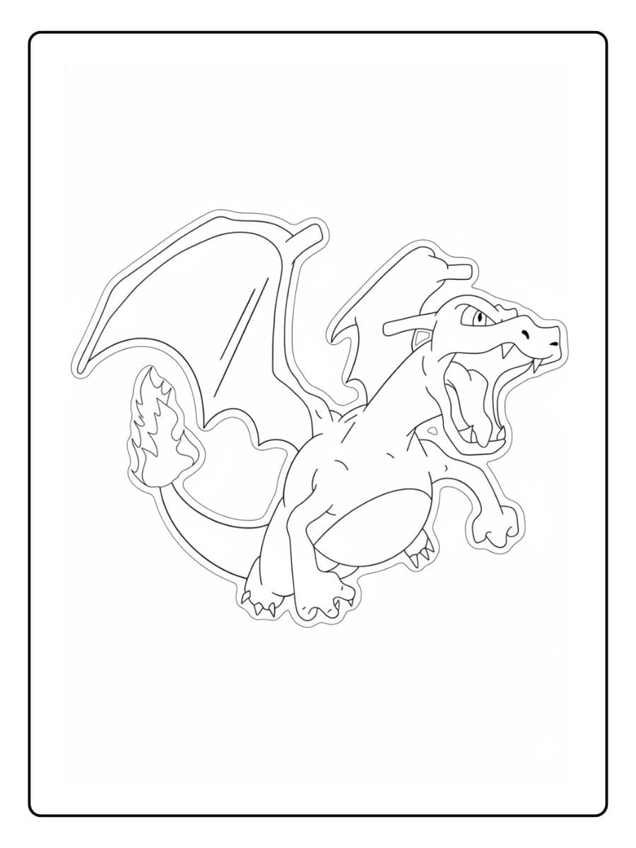 Cooles Ausmalbild des mächtigen Feuer-Pokémons Glurak in einem auffälligen Sticker-Design mit dicker weißer Umrandung.