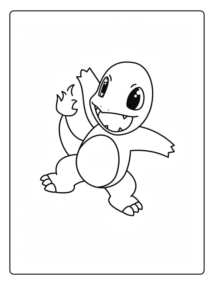 Glumanda. Das kleine Monster springt fröhlich, winkt mit einem breiten Lächeln und zeigt die typische kleine Flamme an seiner Schwanzspitze