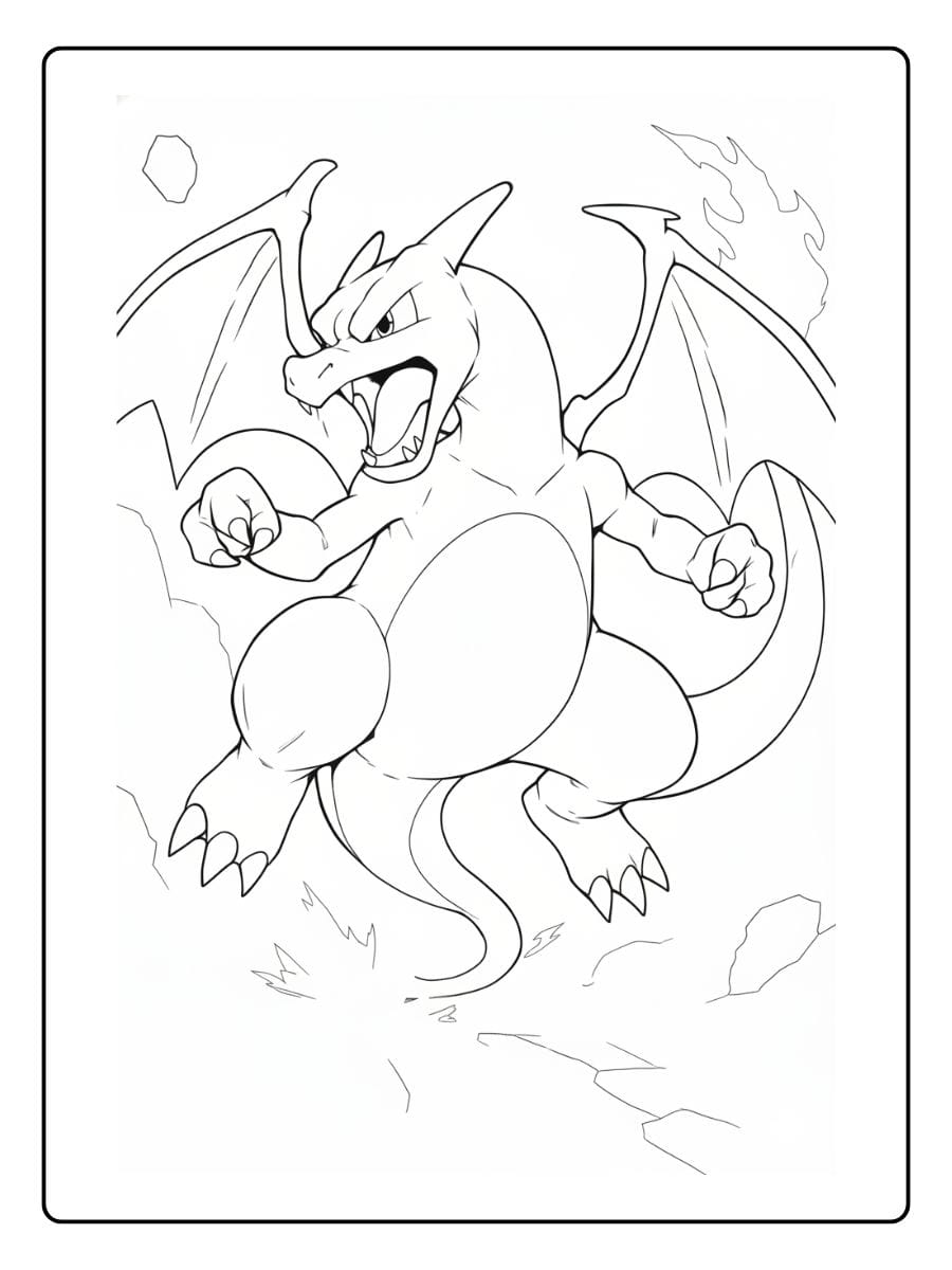 Actionreiches Ausmalbild des mächtigen Feuer-Pokémons Glurak während eines heftigen Kampfes.