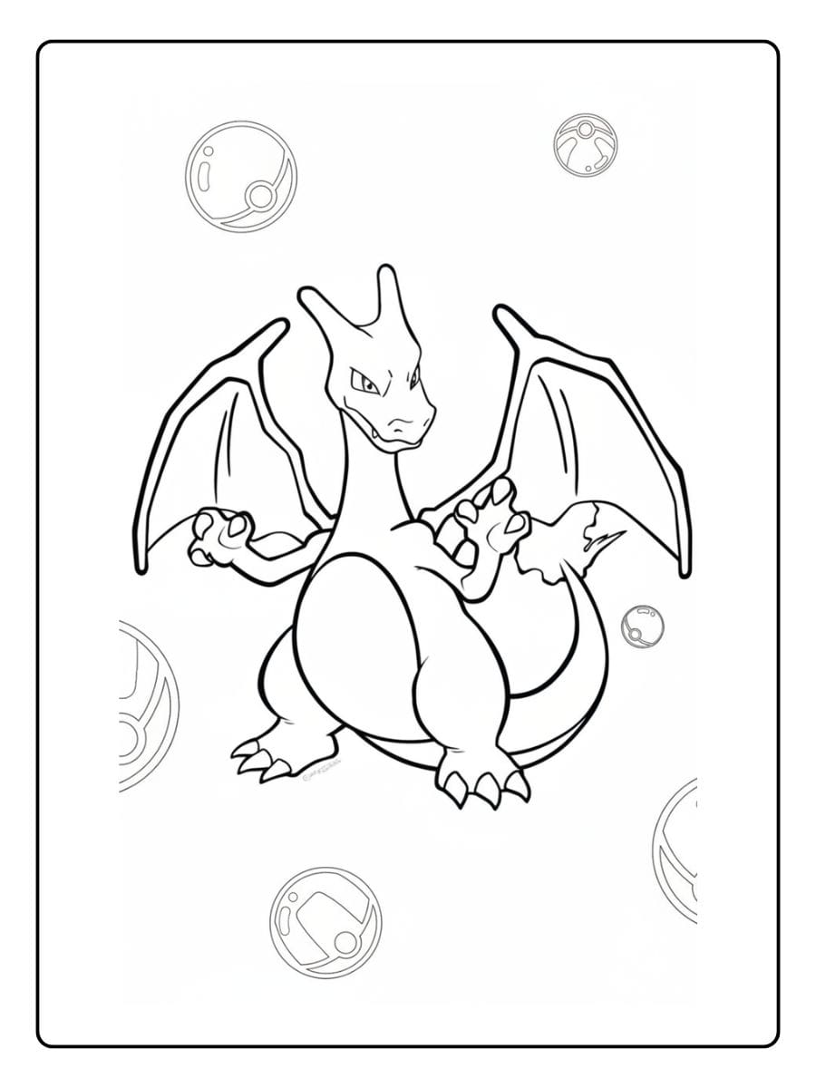 Einzigartiges Ausmalbild des mächtigen Feuer-Pokémons Glurak.