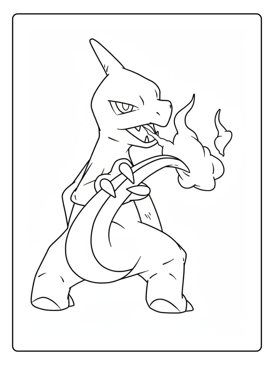 Actionreiches Ausmalbild von Glutexo, der direkten Vorstufe von Glurak.