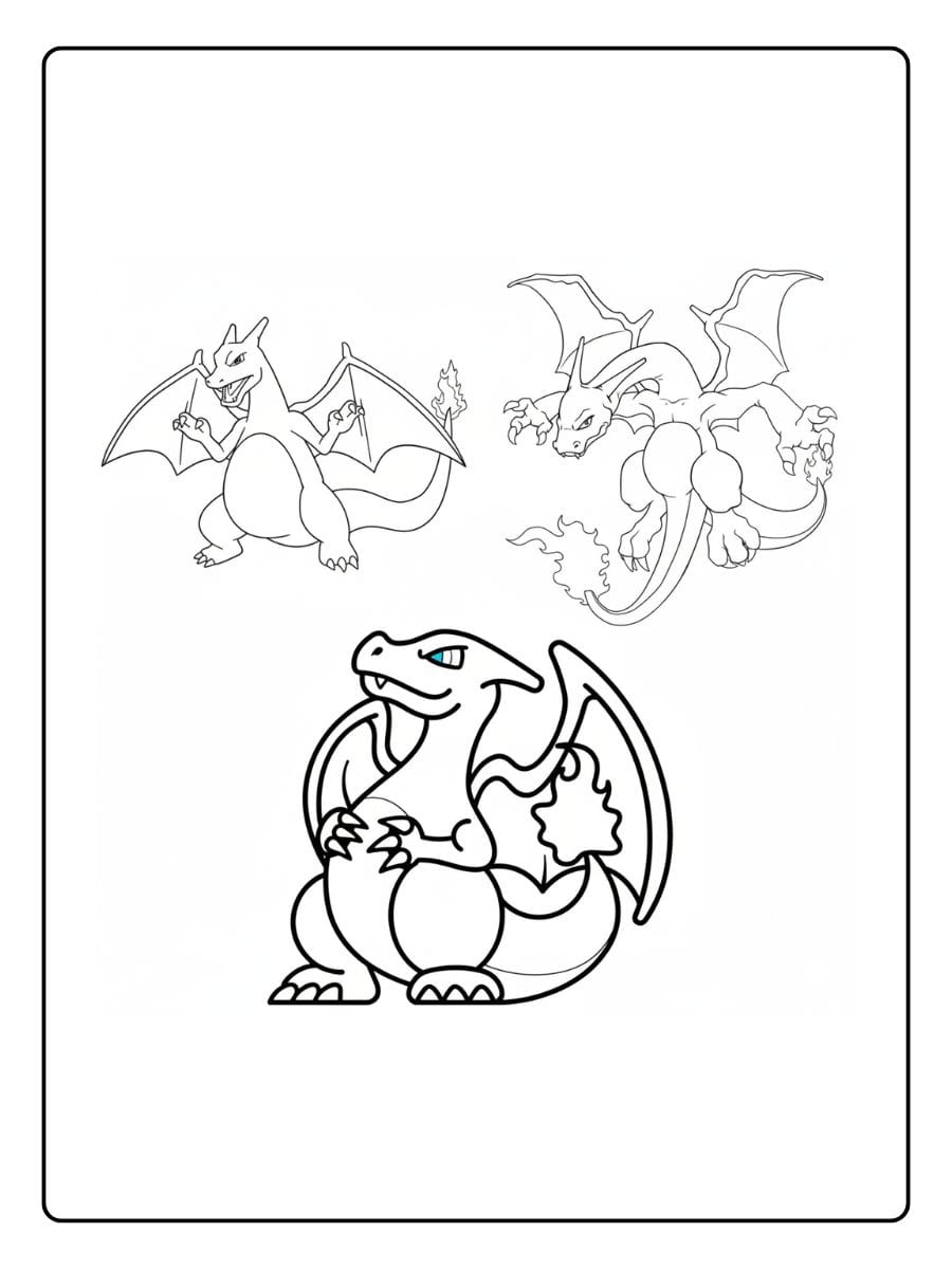 Ein tolles Ausmalbild mit gleich drei verschiedenen Versionen des mächtigen Feuer-Pokémons Glurak.