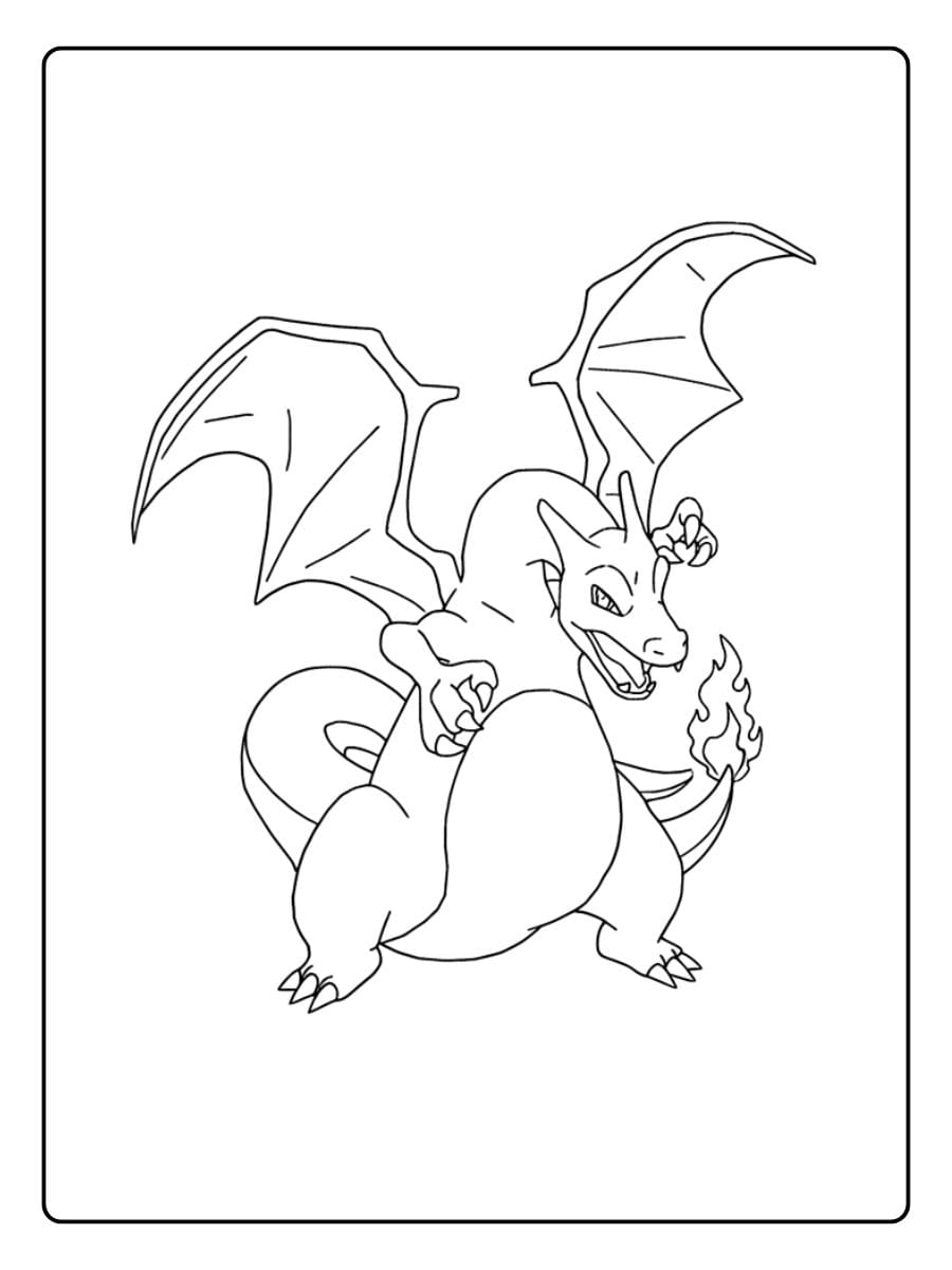 Actionreiches Ausmalbild des mächtigen Feuer-Pokémons Glurak.