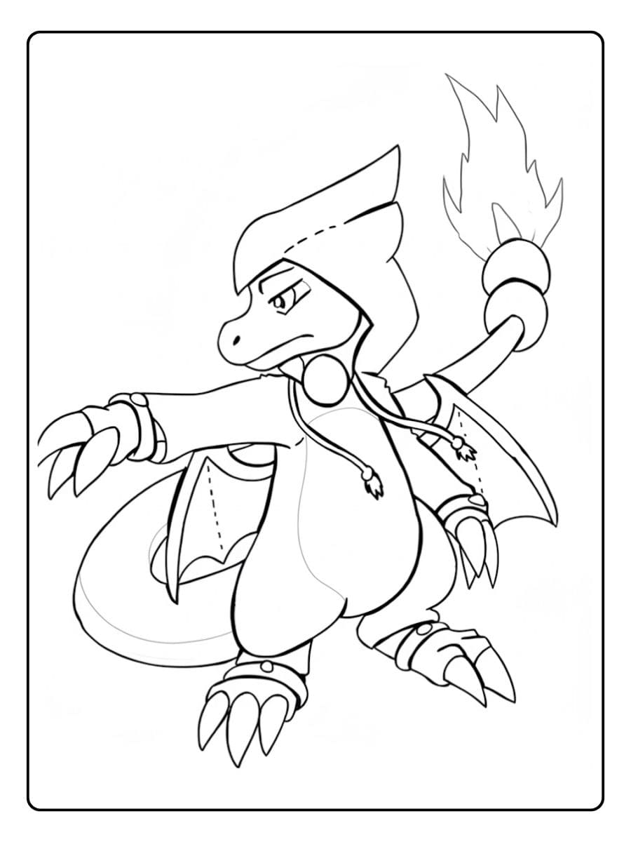 Einzigartiges Ausmalbild von Glutexo, der Vorstufe von Glurak, im coolen Streetwear-Look