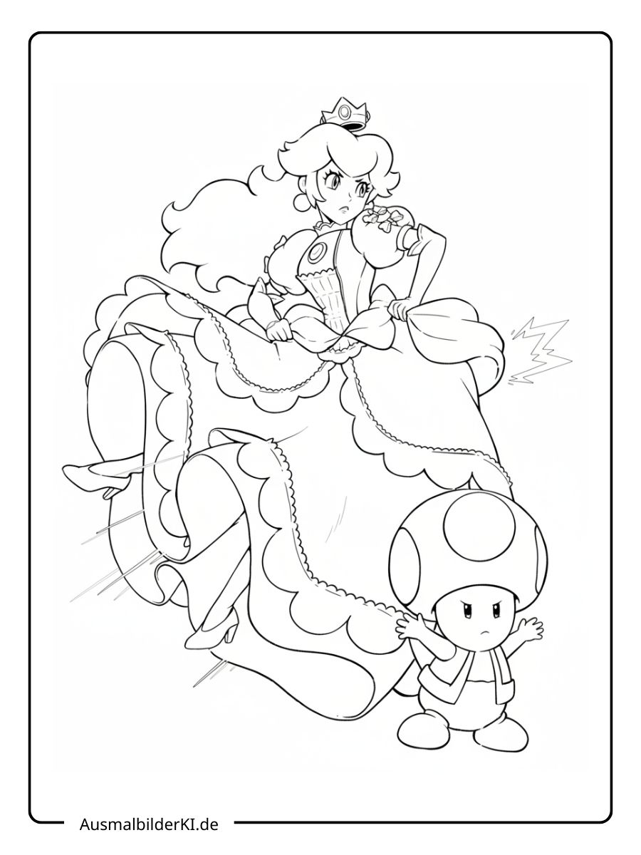 Prinzessin Peach Ausmalbild - Mit Toad im Garten