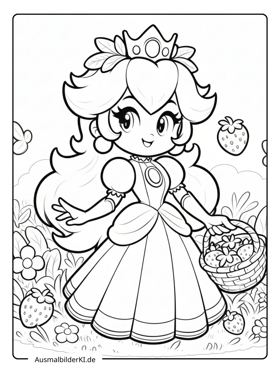 Prinzessin Peach Ausmalbild - Mit Erdbeerkorb