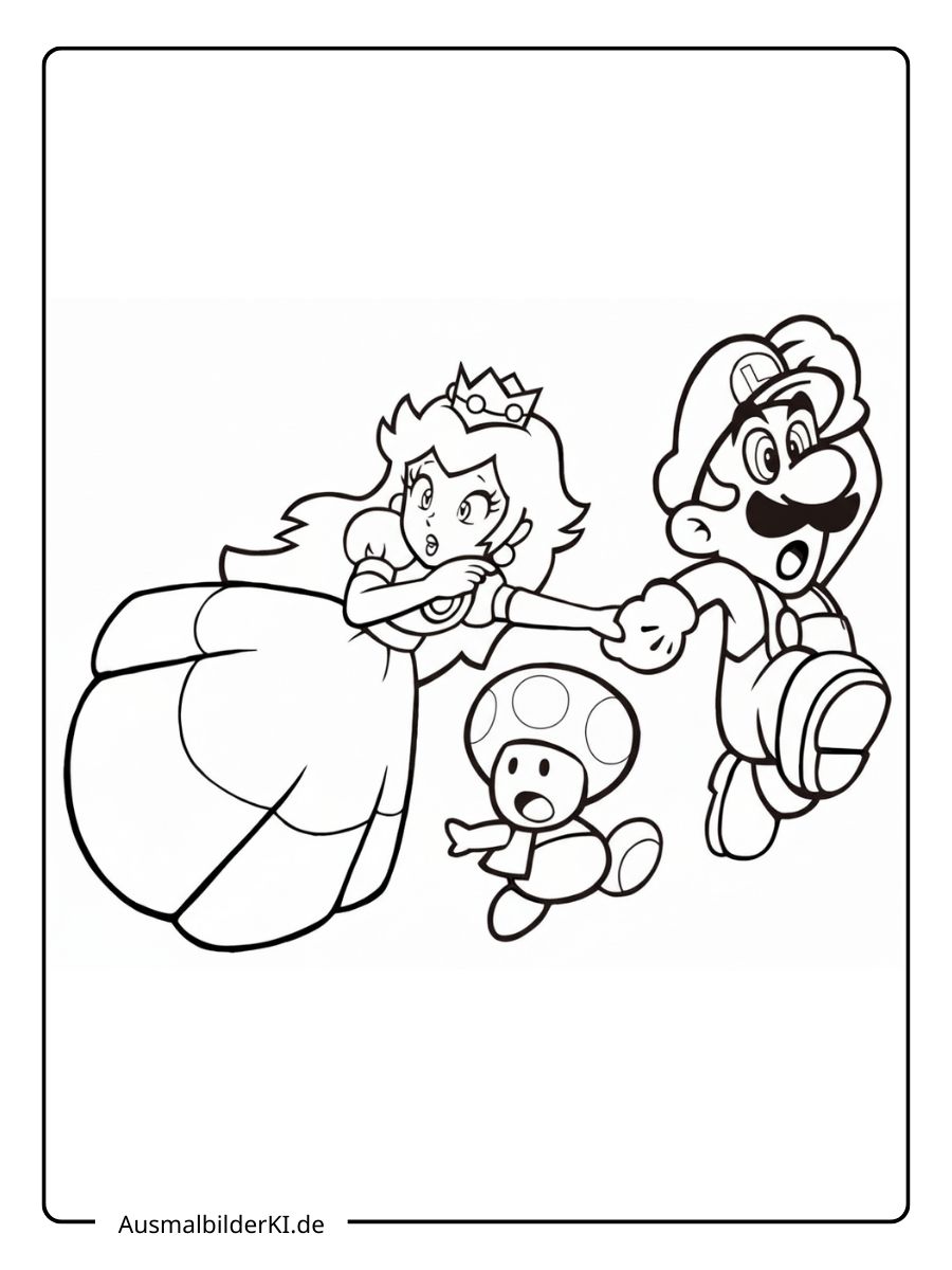 Prinzessin Peach Ausmalbild - Mit Mario und Toad