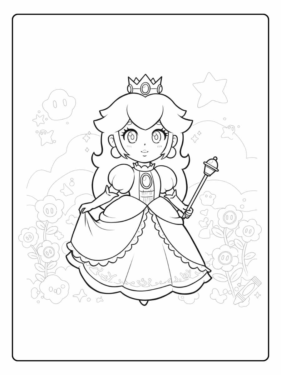 Prinzessin Peach Ausmalbild im eleganten Kleid