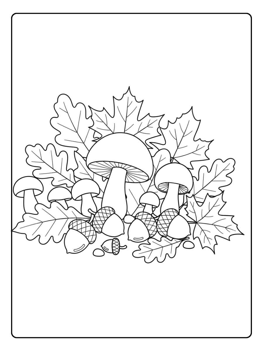 Saisonbild herbstblätter ausmalbild mit Eicheln und Pilzen