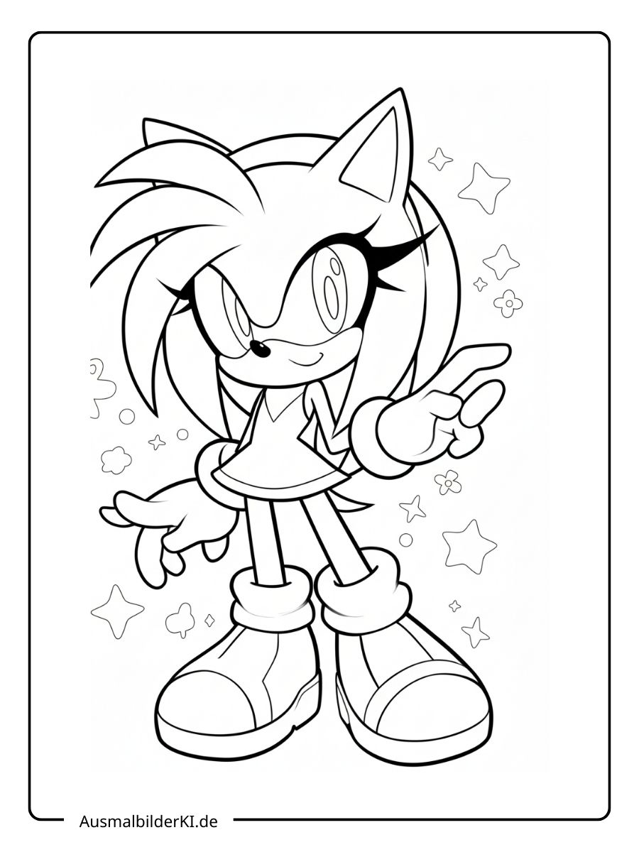 Amy Rose Ausmalbild im süßen Anime-Stil.