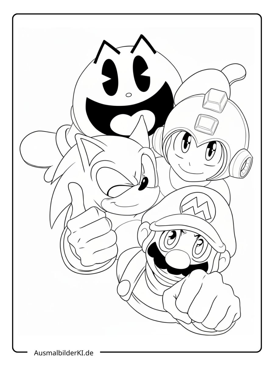 Sonic mit Mario, Mega Man und Pac-Man.