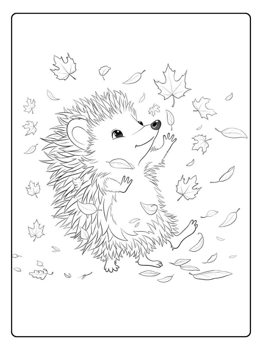 Spielender Igel im Herbstlaub ausmalbild Herbst Igel