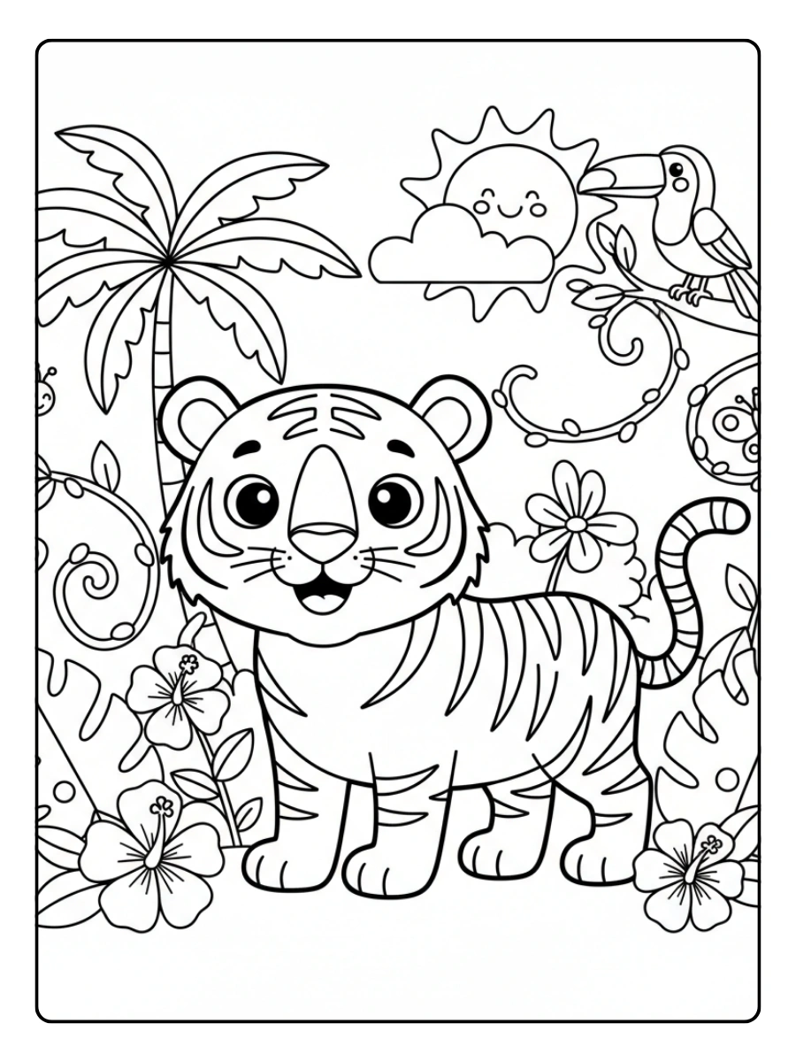 Starker Tiger im Dschungel Ausmalbilder Tiere für 10 Jährige