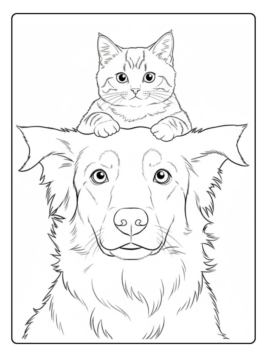 Detailreiche Malvorlage einer Katze, die entspannt auf dem Kopf eines Hundes sitzt.