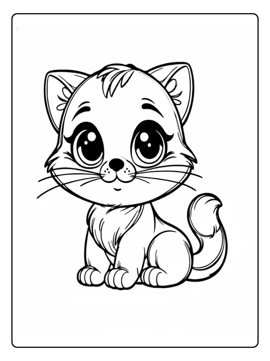 Süßes Ausmalbild einer kleinen Katze mit großen Augen, die brav sitzt