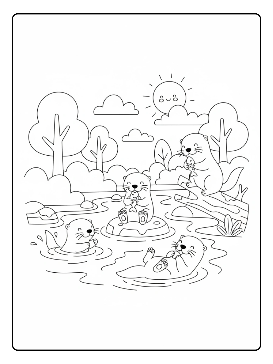 Verspielte Otter am Fluss Ausmalbilder Tiere für 10 Jährige