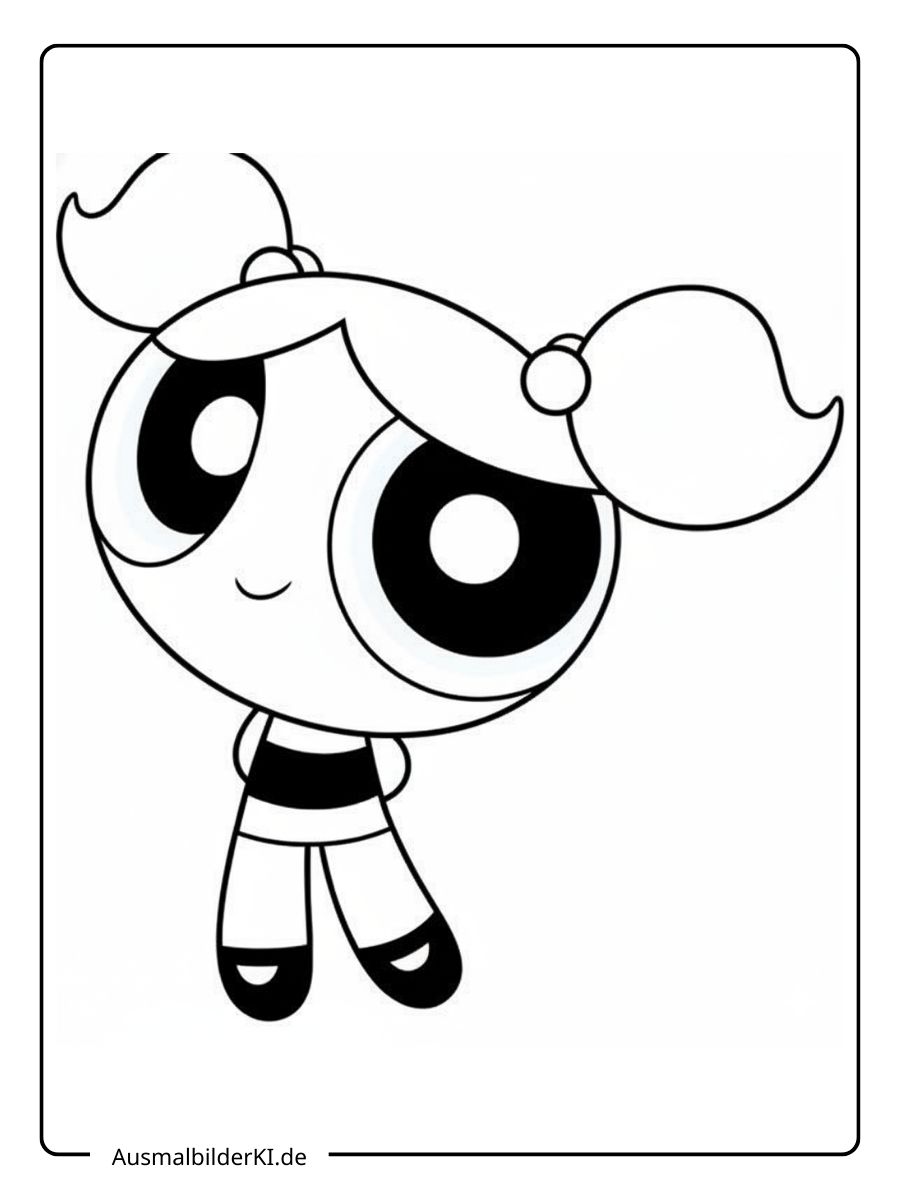 Ein süßes und einfaches Ausmalbild von Bubbles, der fröhlichsten Superheldin aus der Cartoon-Serie "Die Powerpuff Girls".