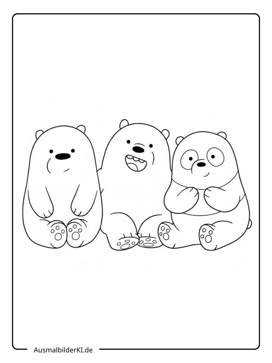 Ein lustiges Ausmalbild der drei Bären-Brüder aus der Zeichentrickserie "We Bare Bears - Bären wie wir", die gemütlich nebeneinander sitzen.