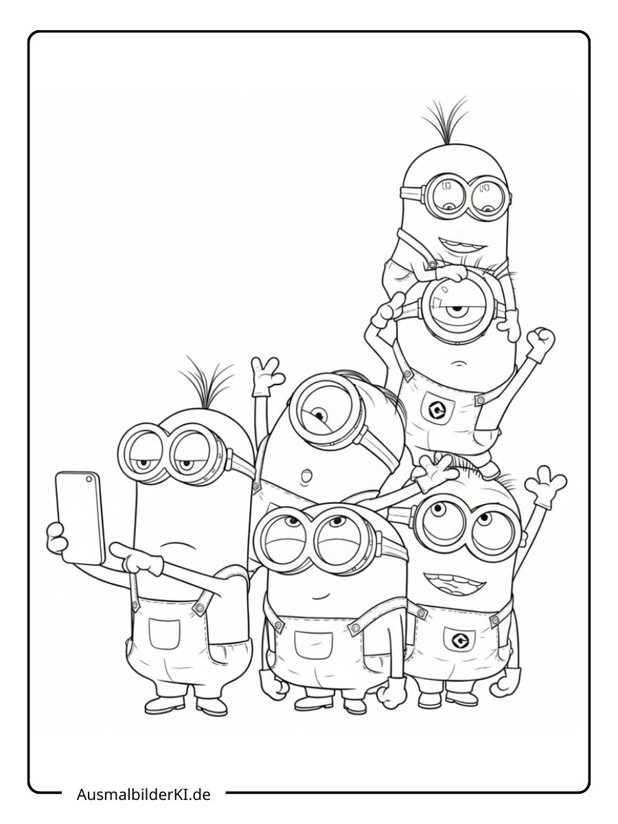 Ein lustiges Ausmalbild von sechs chaotischen Minions aus den "Ich einfach unverbesserlich"-Filmen, die versuchen ein Gruppen-Selfie zu machen