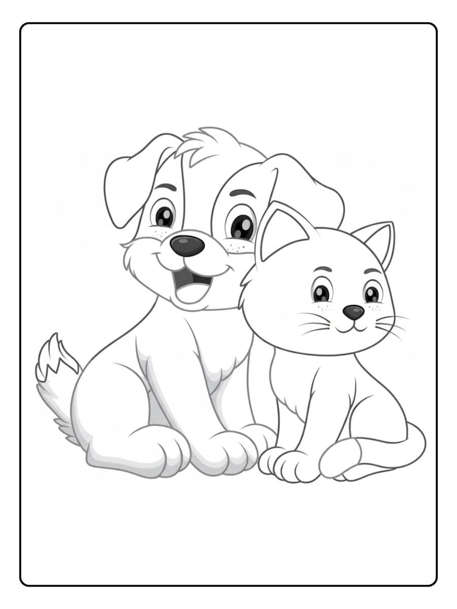 Ausmalbild von einem niedlichen Welpen und einer kleinen Katze, die nebeneinander sitzen.