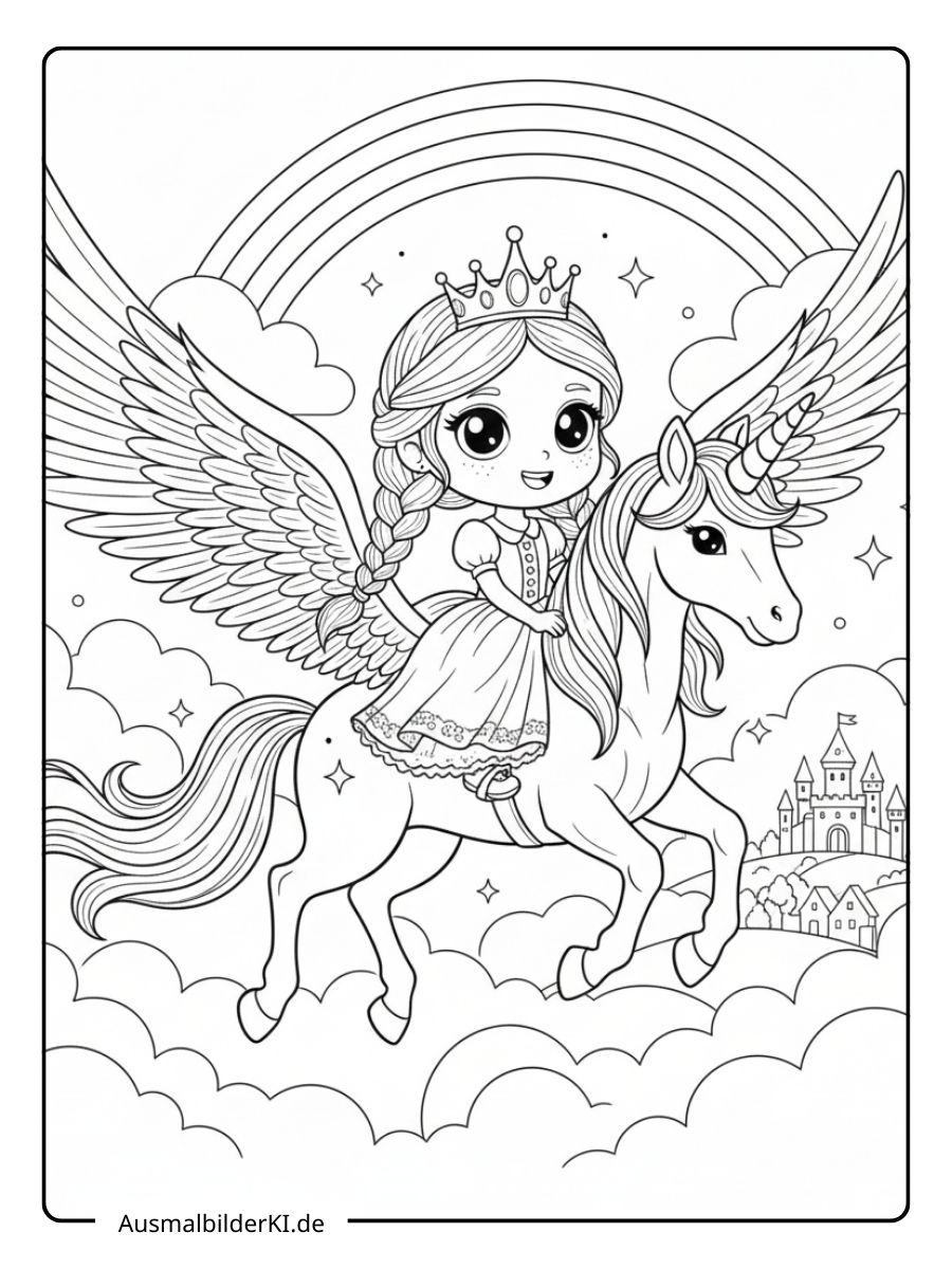 Ausmalbilder Prinzessin Einhorn - Pfau reitet auf einem Einhorn