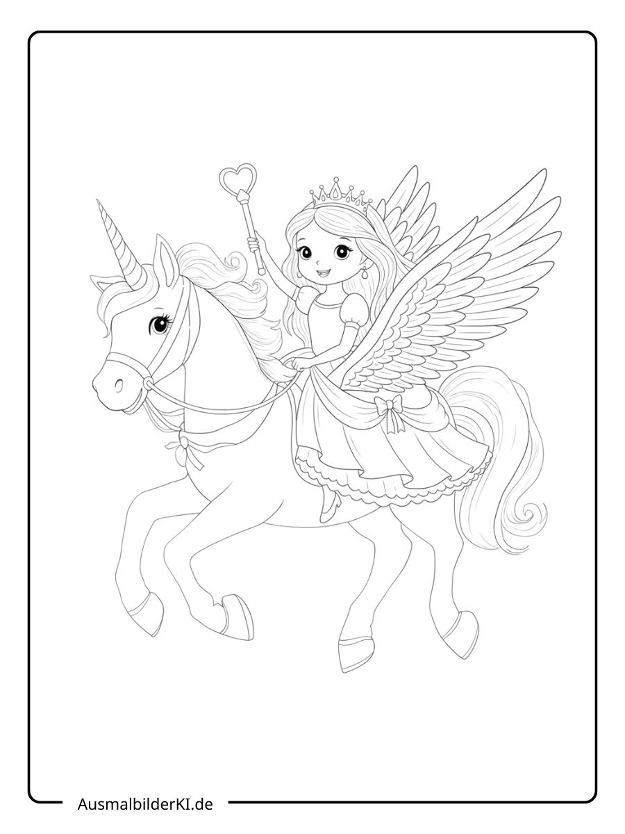 ausmalbilder prinzessin einhorn - Prinzessin fliegt mit einem Einhorn