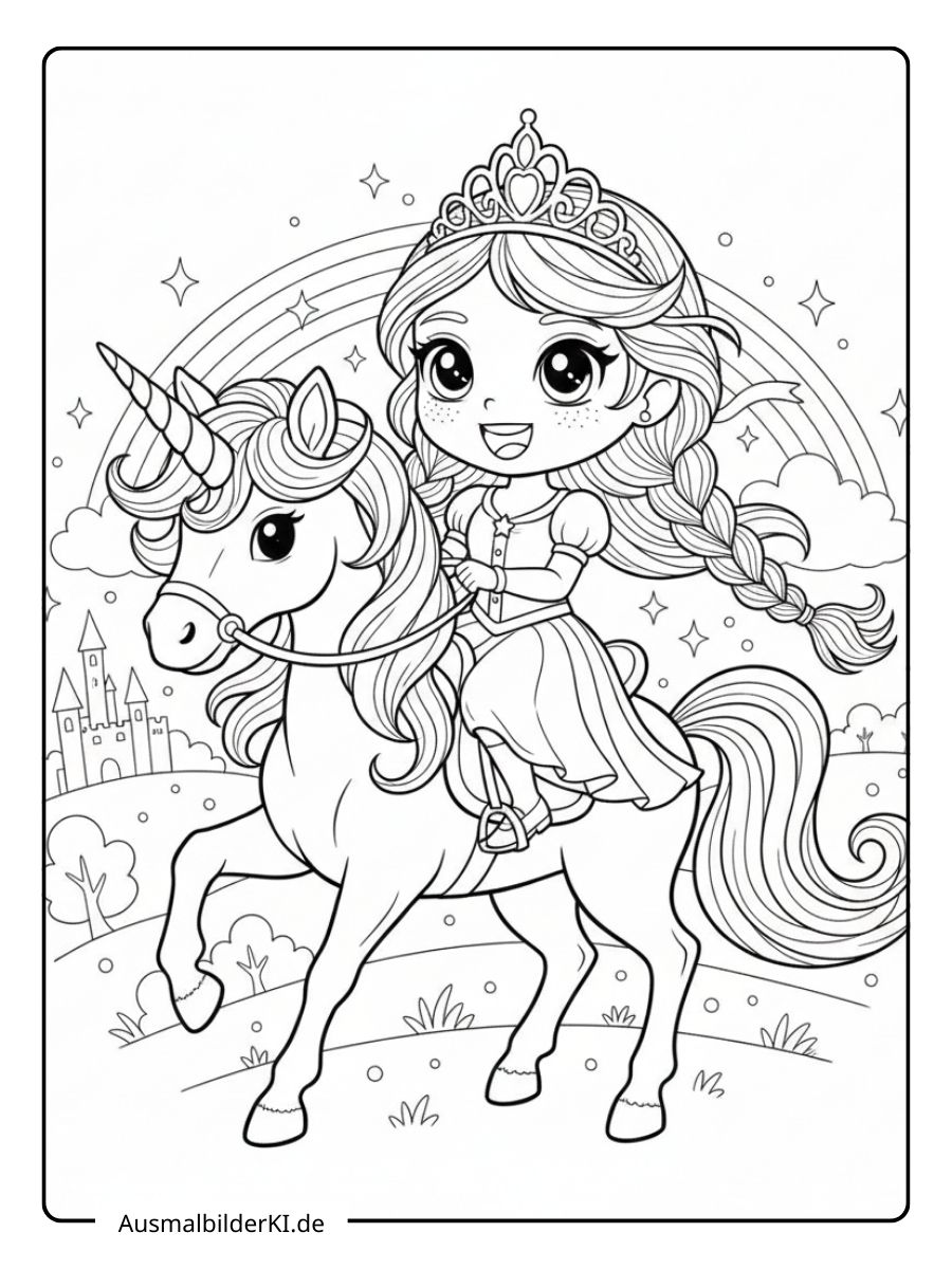 ausmalbild prinzessin einhorn - fröhlich oder lachend