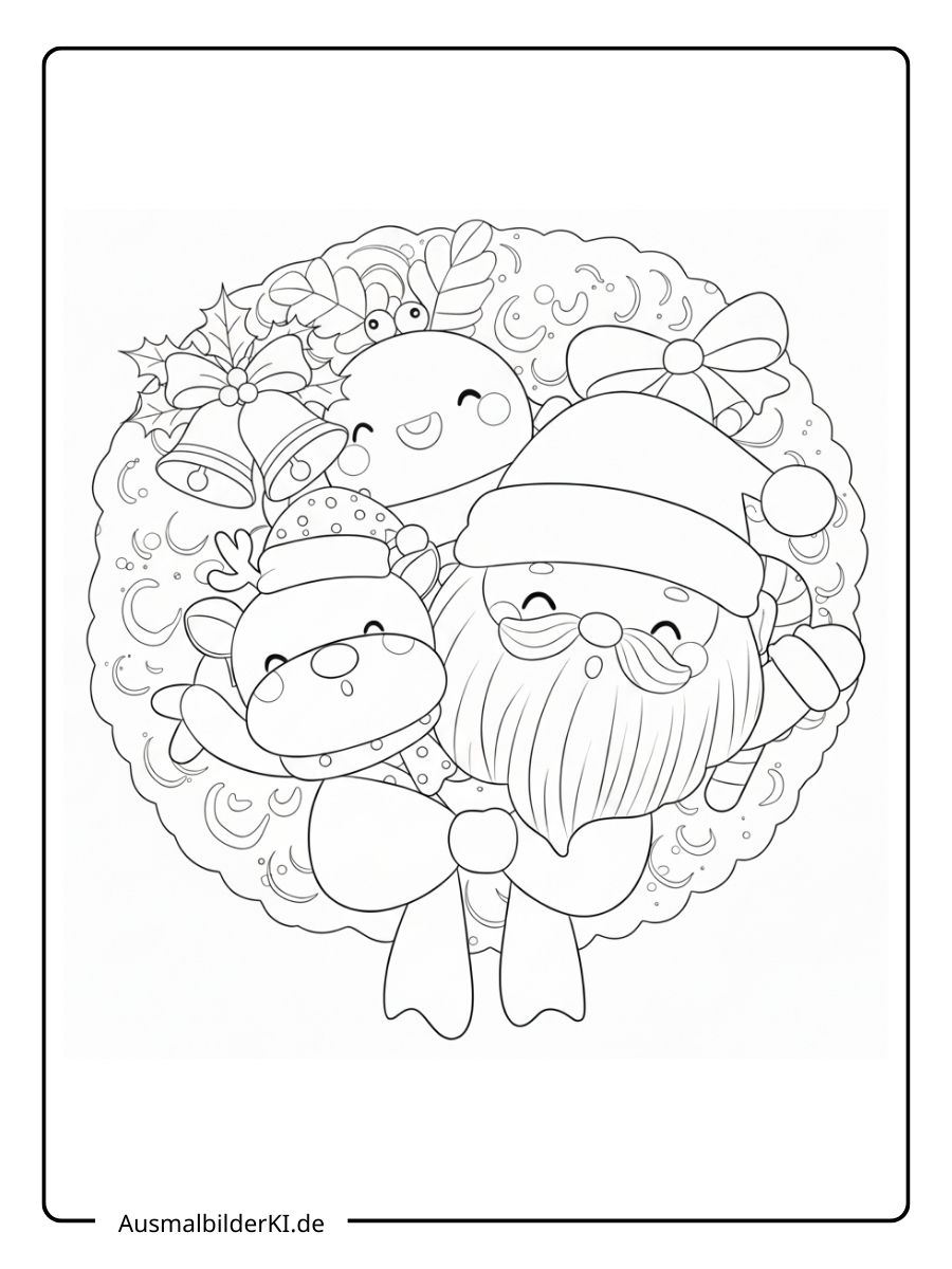 Ausmalbild von einem festlichen Weihnachtskranz mit einem süßen Weihnachtsmann, Rentier und Schneemann in der Mitte.