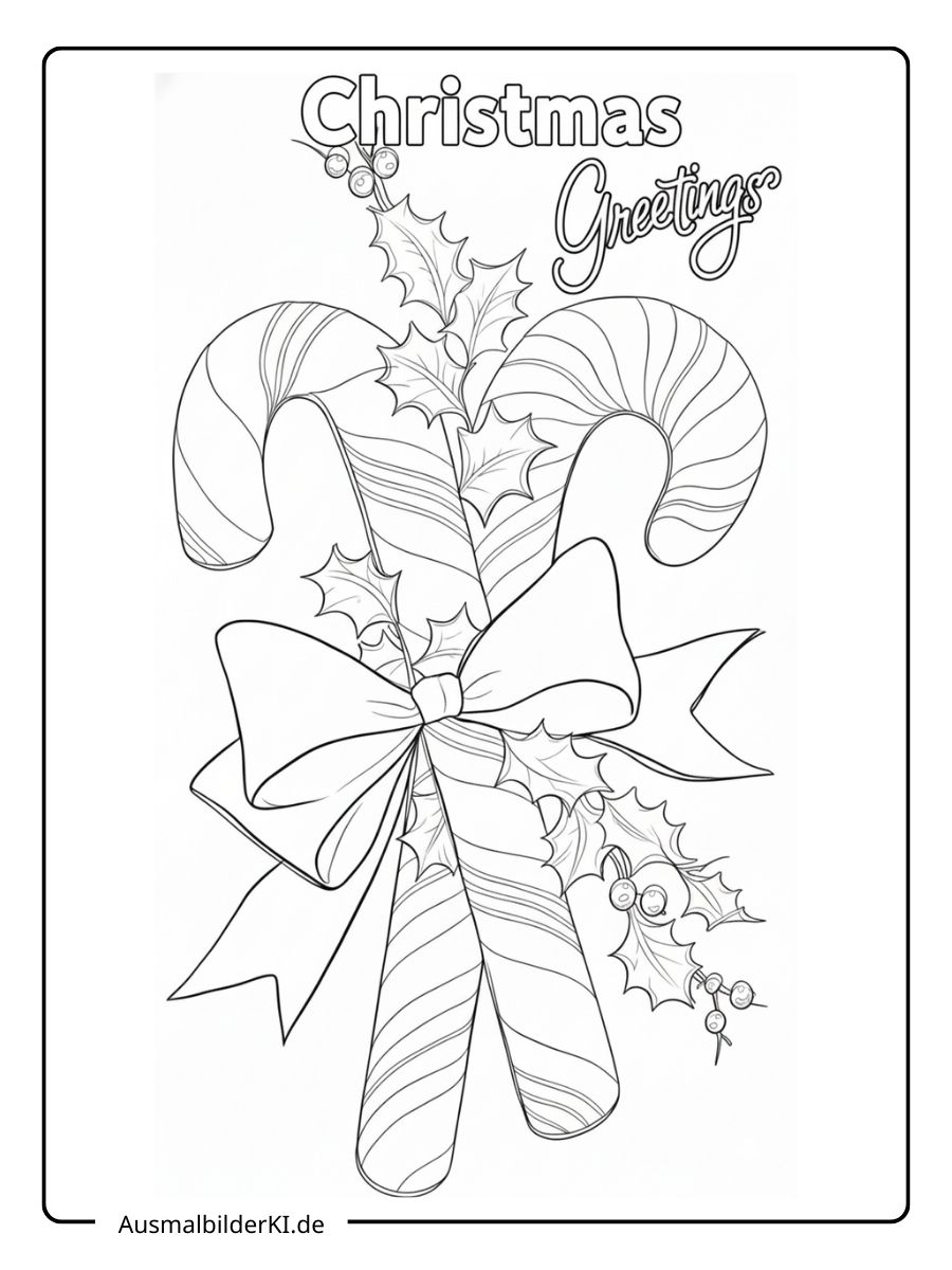 Ausmalbild von zwei großen, gekreuzten Zuckerstangen, die mit einer dicken Schleife und weihnachtlichen Stechpalmenblättern zusammengebunden sind.