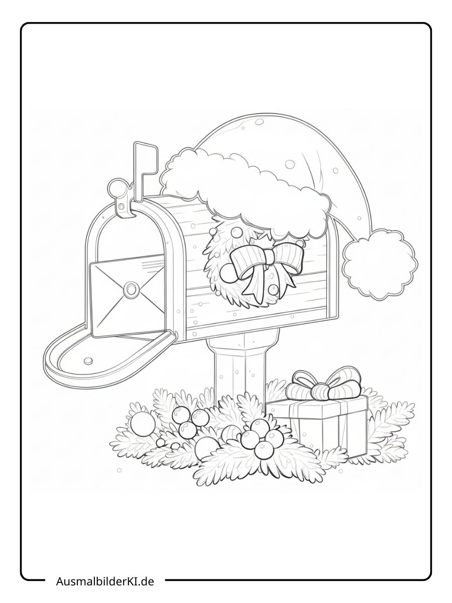 Ausmalbild von einem weihnachtlich geschmückten Briefkasten mit offener Klappe, in dem ein Brief liegt.