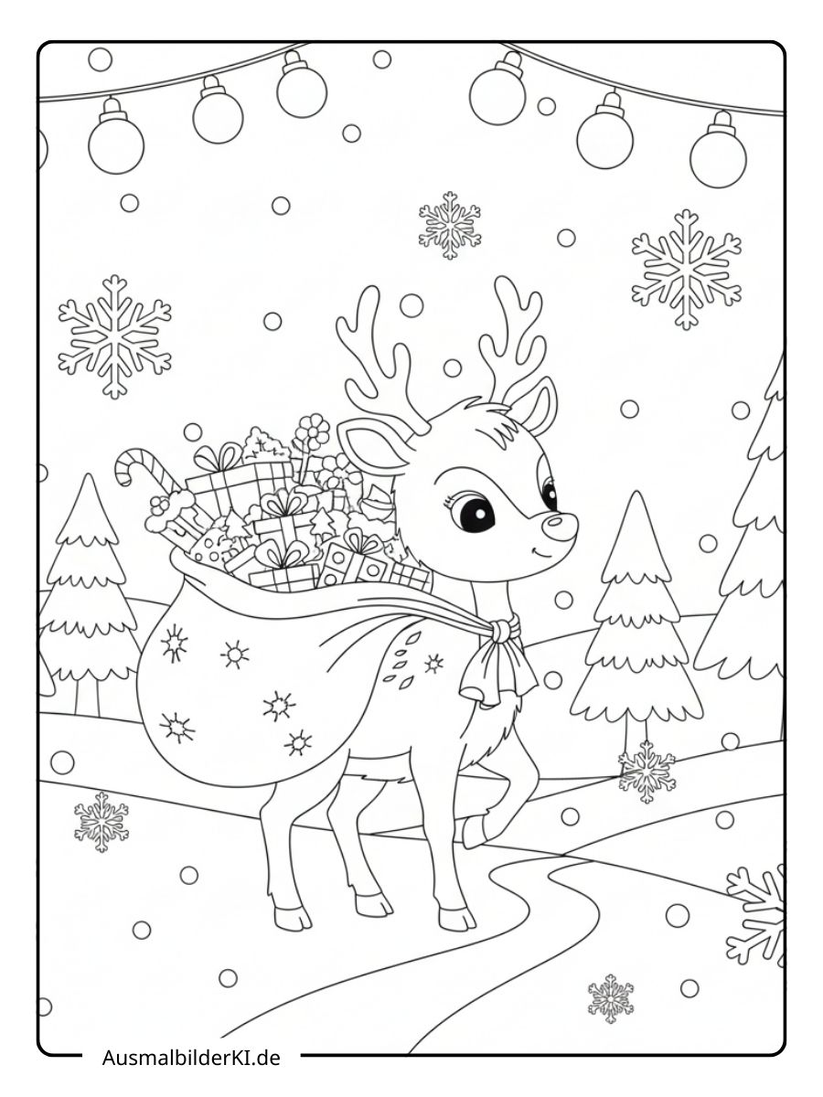Ausmalbilder Weihnachten Rentier - Mit großem Geschenksack